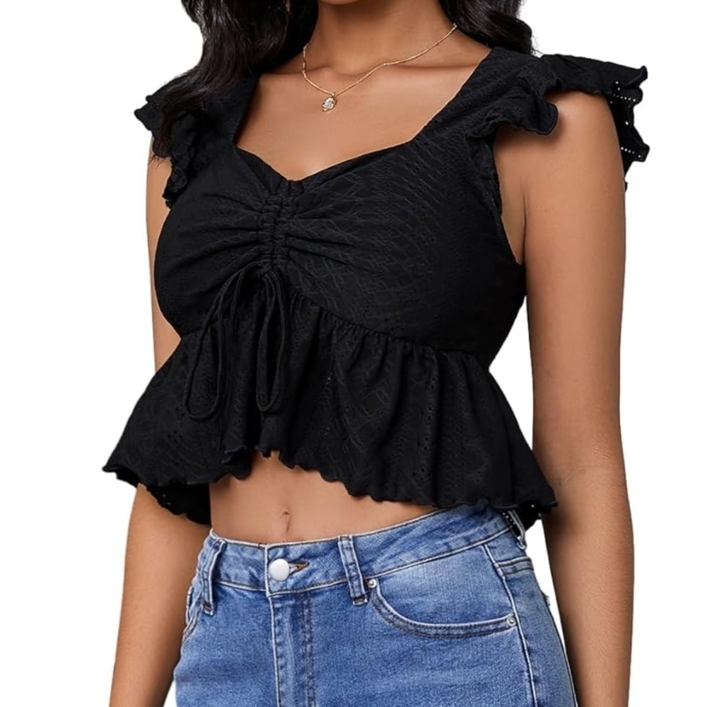 Black Eyelet Lace Drawstring Ruffle Trim Peplum Flutter Sleeve Cropped Blouse